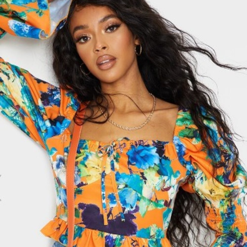 Orange Woven Floral Shirred Sleeve Crop Top